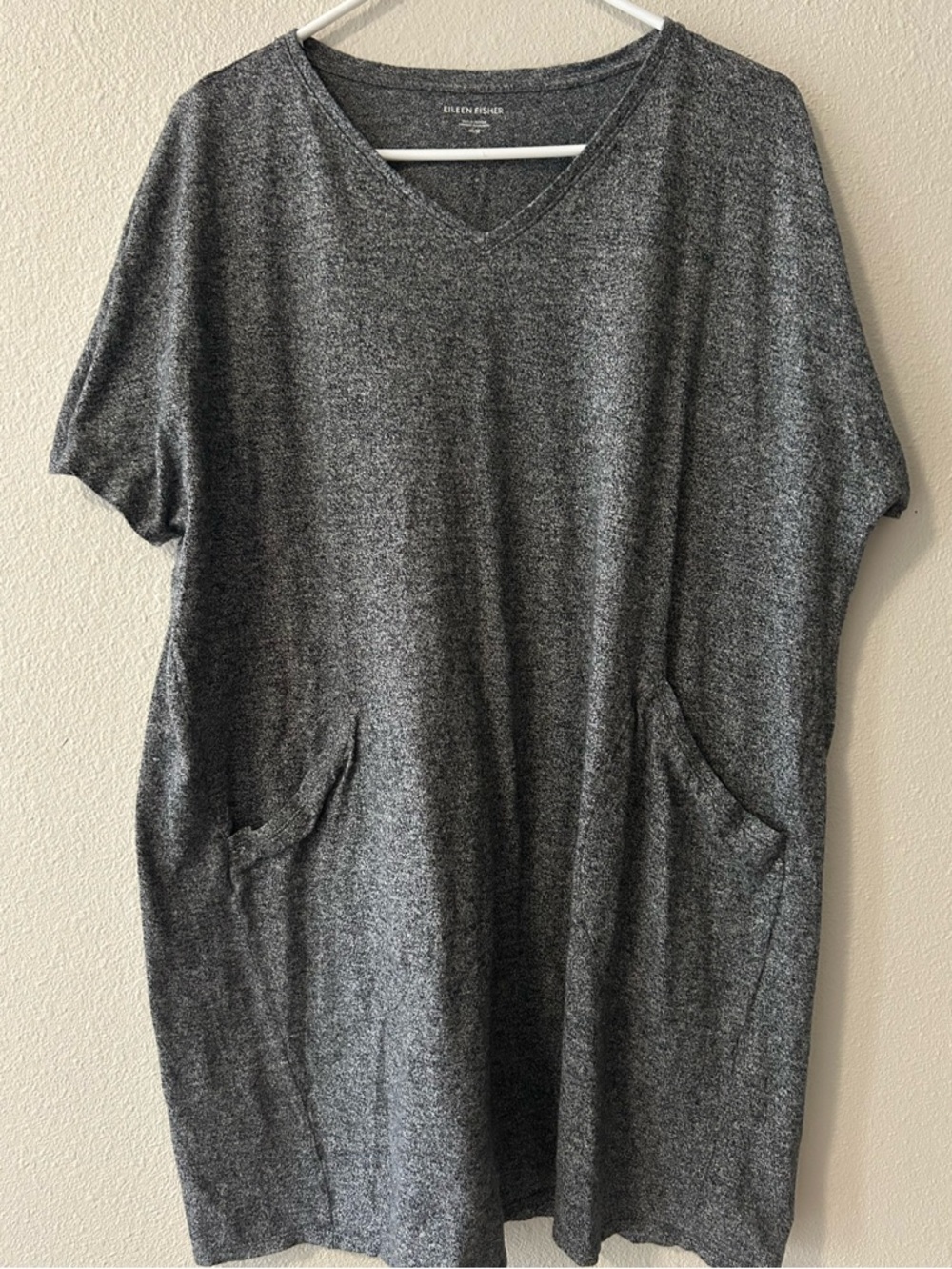 Eileen Fisher Organic Cotton Hemp Melange Heathered Gray V-Neck Pocket Dress M